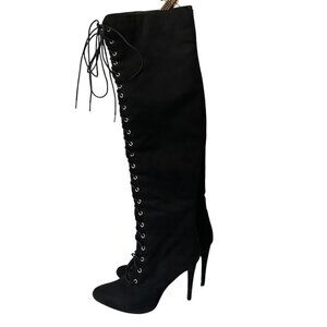 JustFab Kinsey Thigh High Stiletto Black Suede Lace-Up Boots Goth Witchy Size 10